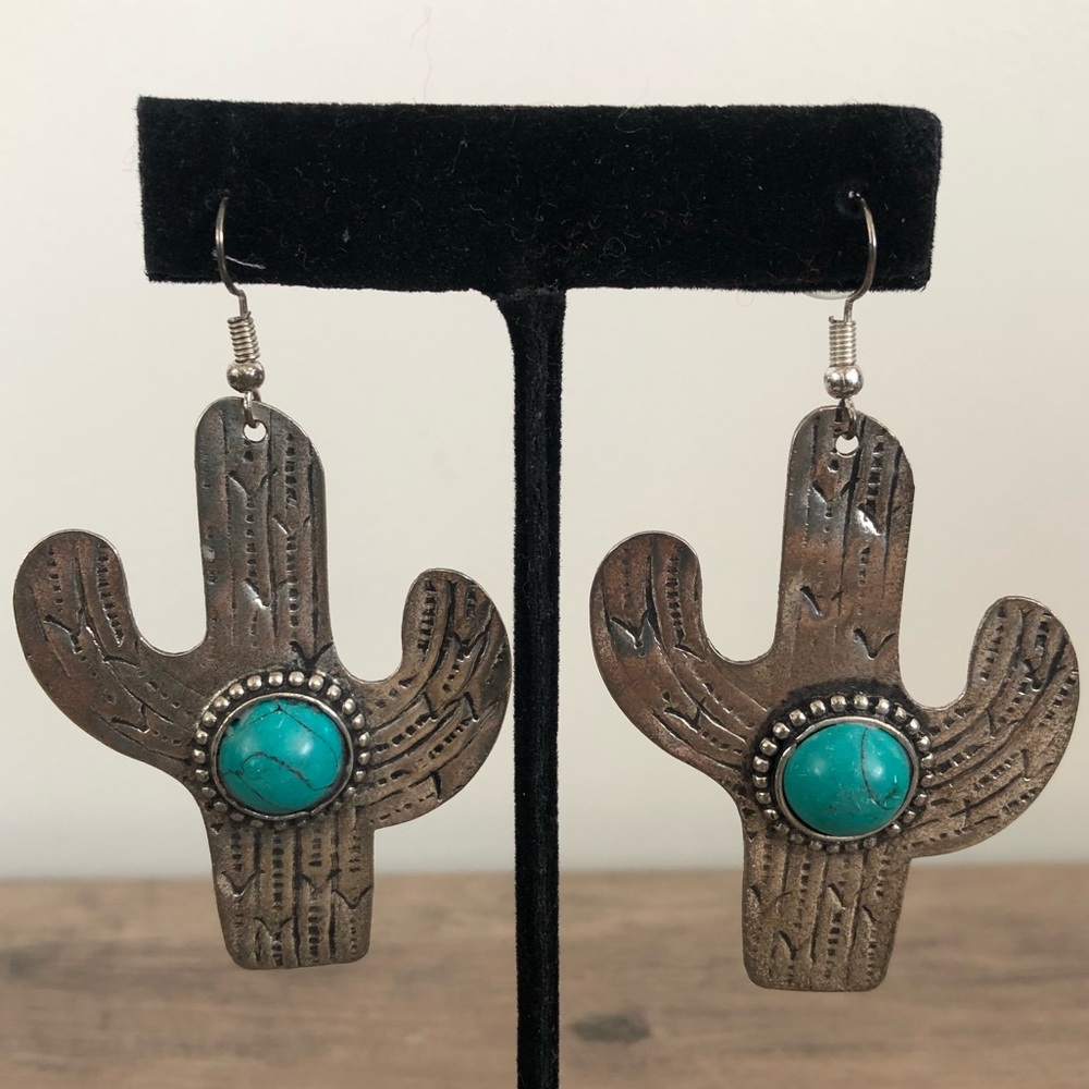 Silver Metal Cactus Earrings with Turquoise Stone